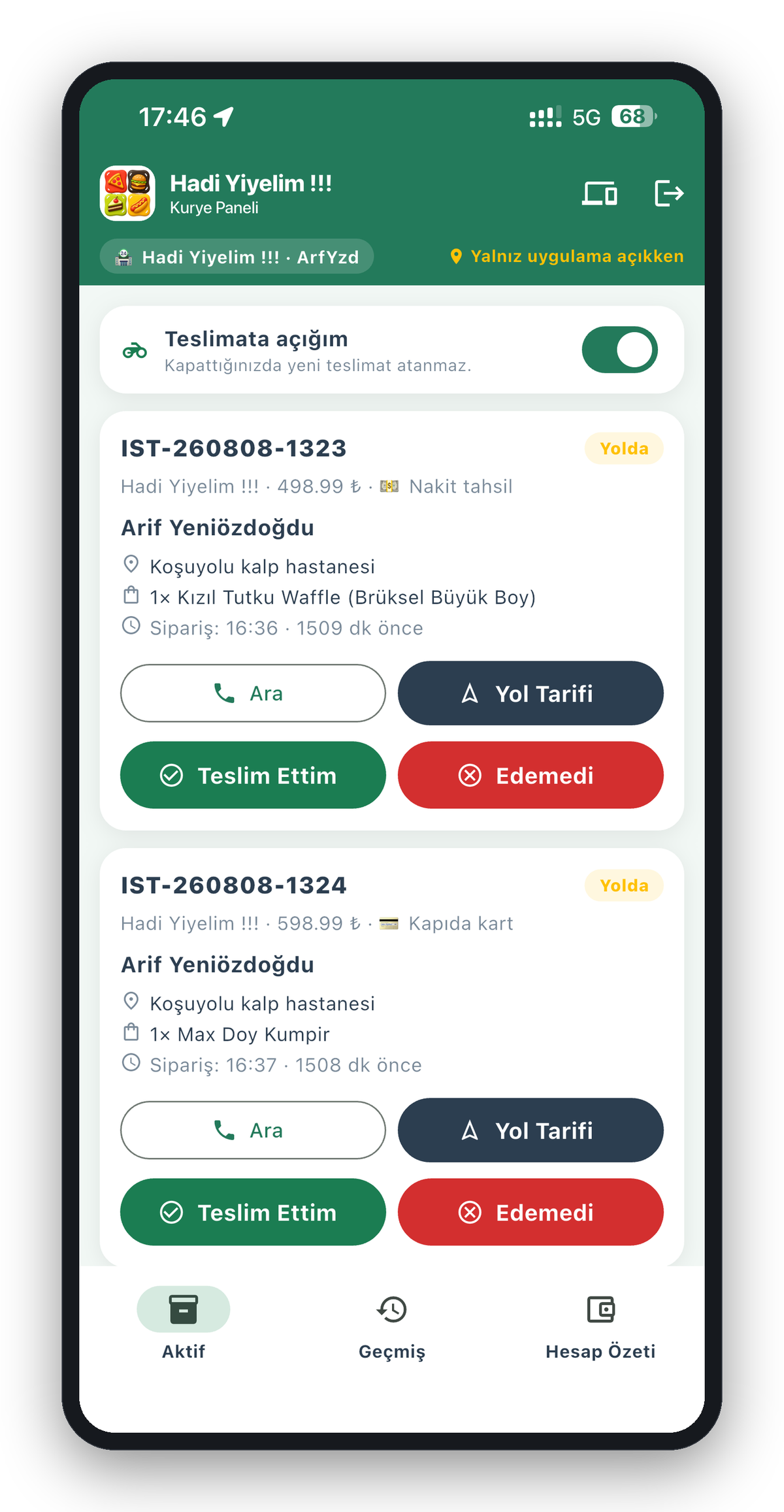 Hadi Yiyelim !!! kurye uygulaması — teslim onayı