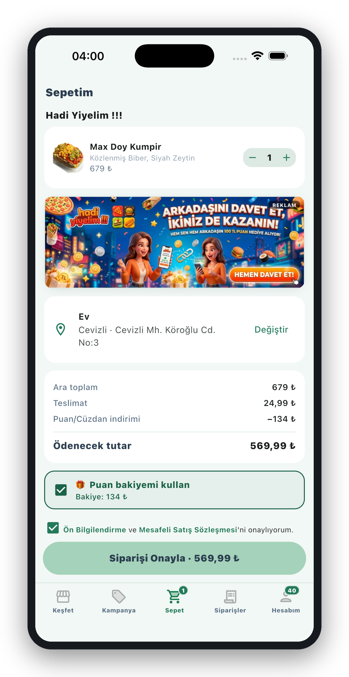 Hadi Yiyelim !!! müşteri uygulaması — sepet ve ödeme
